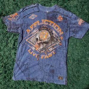 Affliction American Customs Live Fast Skull Graphic Tee Blue Biker MMA